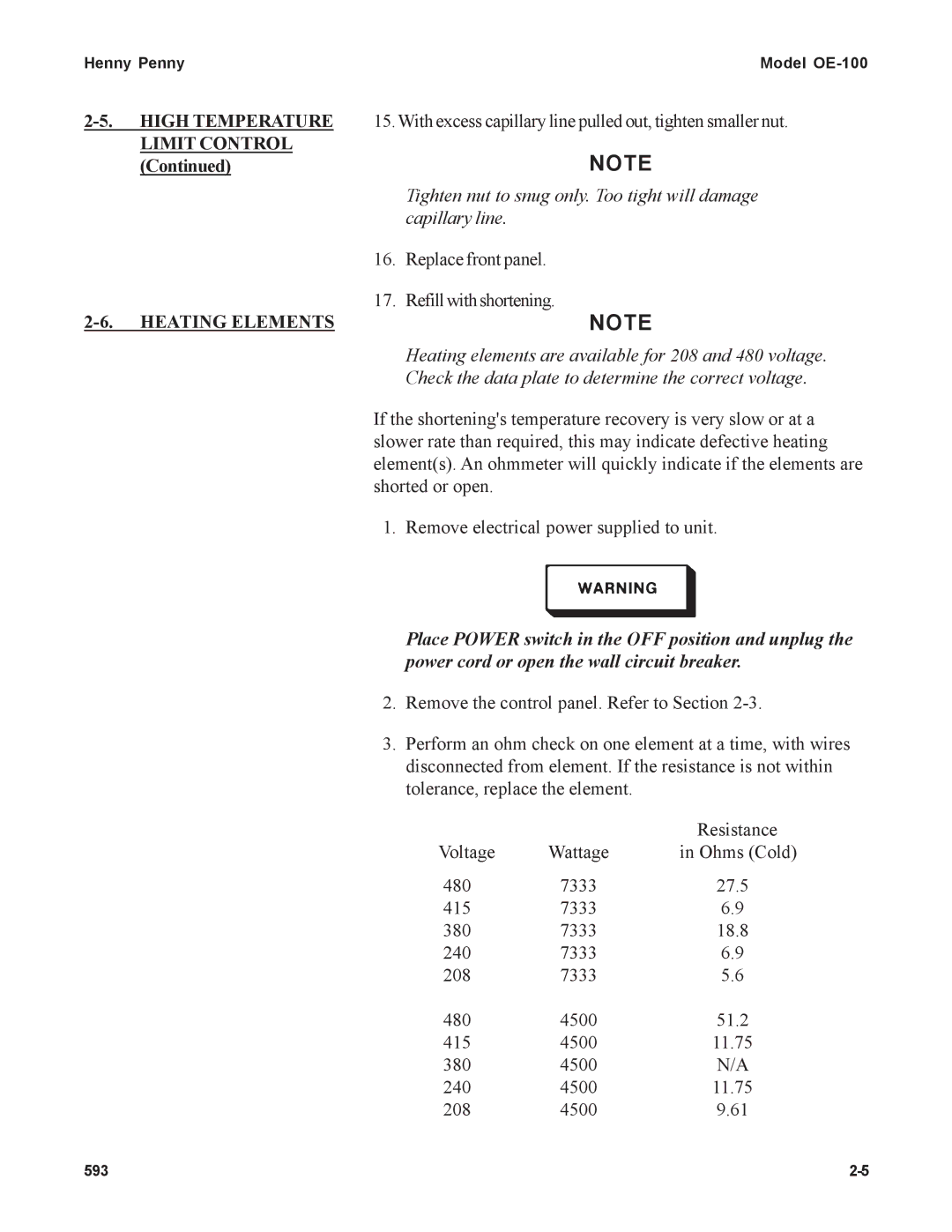 Henny Penny OE-100 manual High Temperature, Limit Control, Heating Elements 