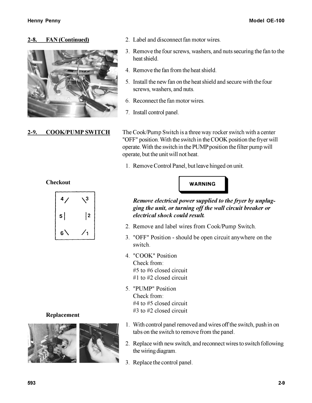 Henny Penny OE-100 manual COOK/PUMP Switch, Checkout Replacement 