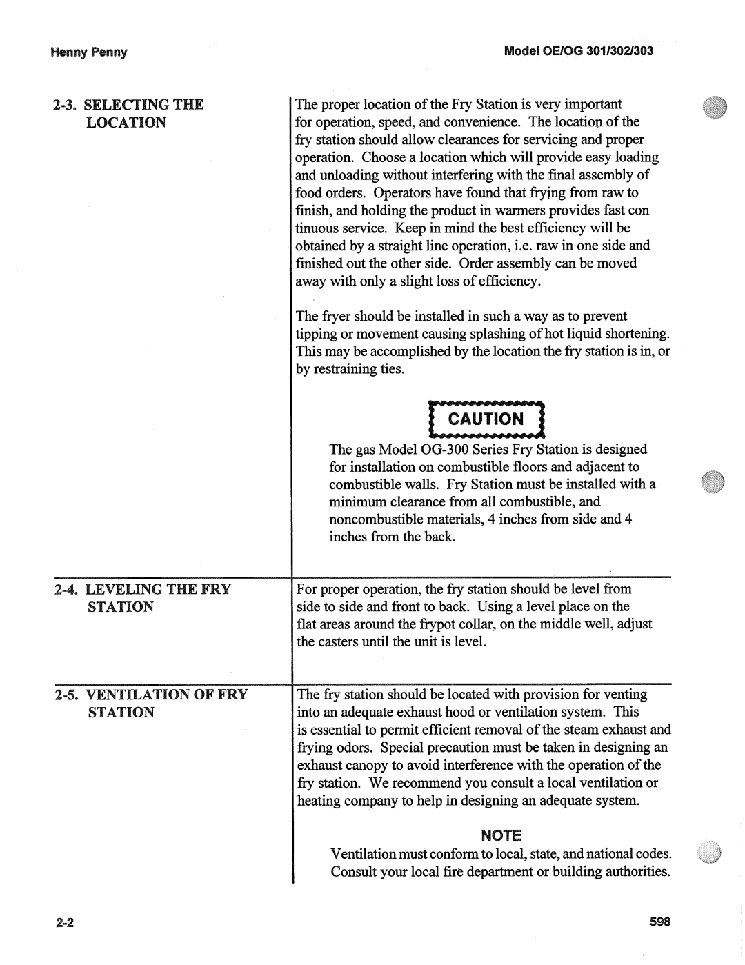 Henny Penny OG-30X, OE-30X manual Proper location of the Fry Station is very important 