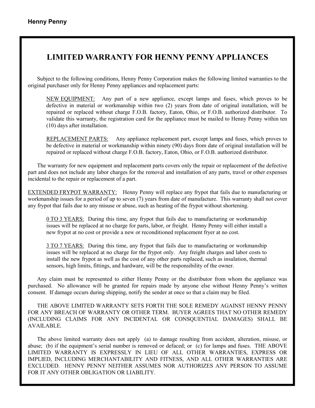 Henny Penny OE-30X, OG-30X manual Limited Warranty for Henny Penny Appliances 