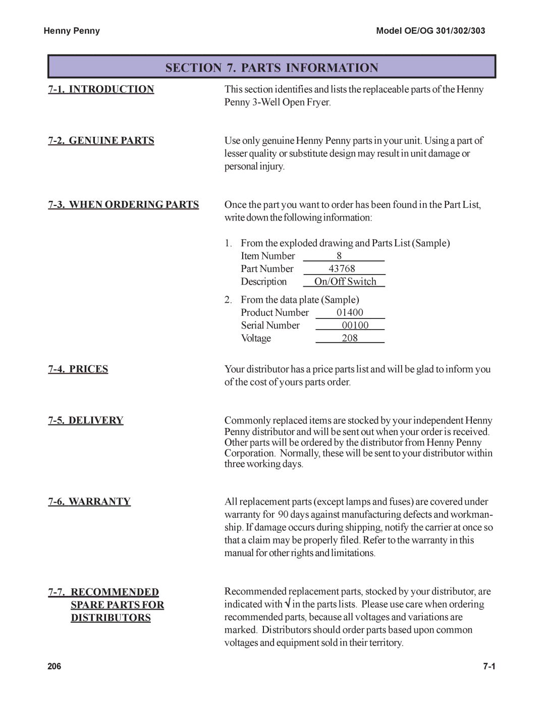 Henny Penny OE-30X, OG-30X manual Parts Information 