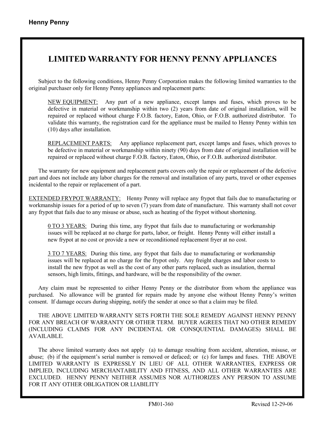 Henny Penny OG-30X, OE-30X manual Limited Warranty for Henny Penny Appliances 