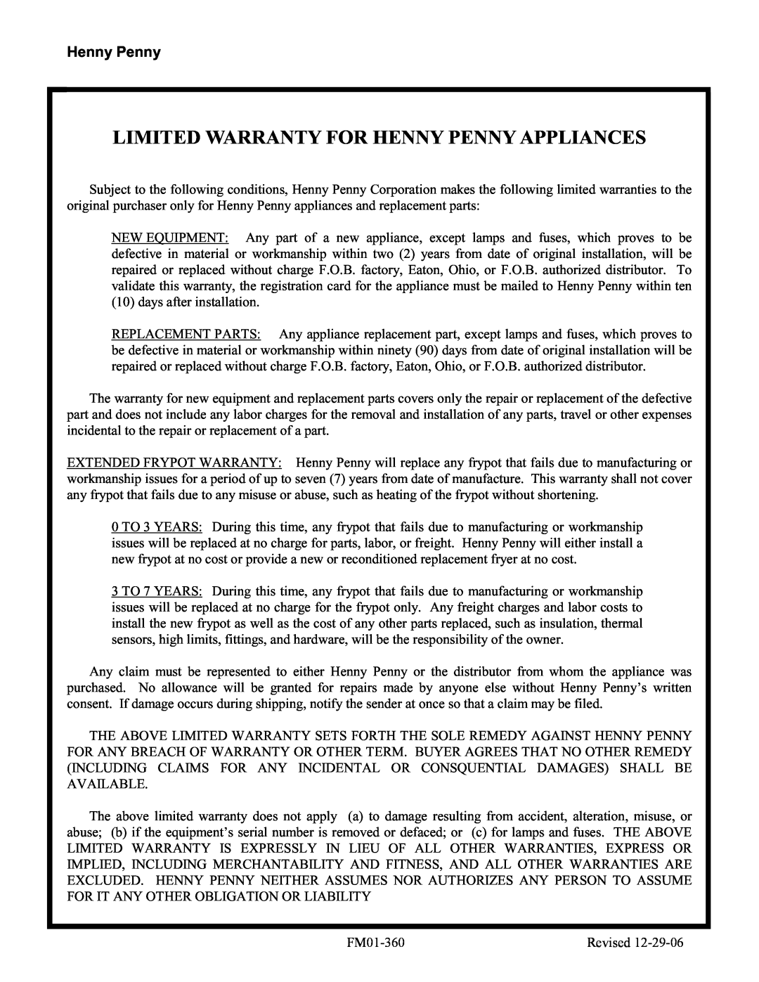 Henny Penny OG-30X, OE-30X manual Limited Warranty For Henny Penny Appliances 