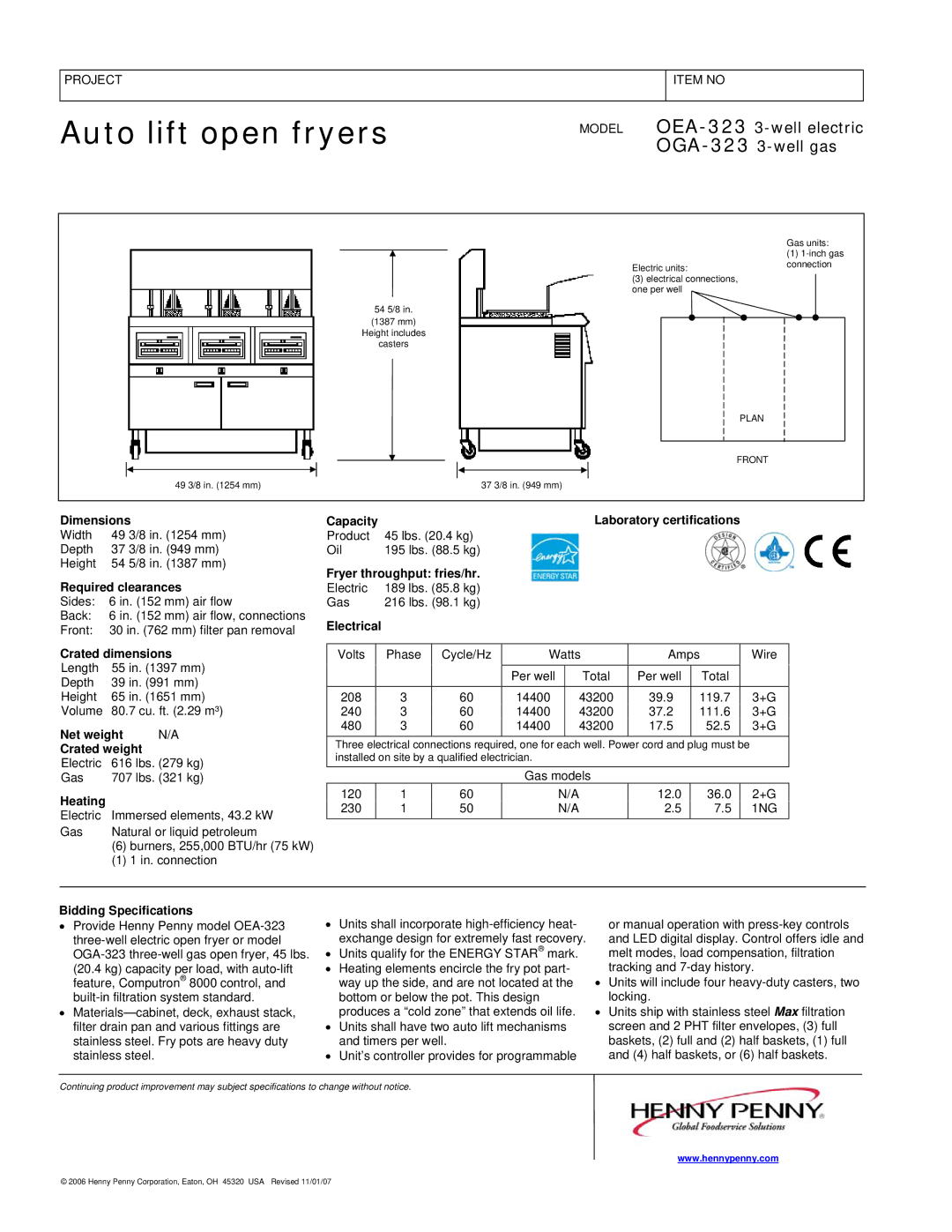 Henny Penny OEA-323 Dimensions Capacity Laboratory certifications, Fryer throughput fries/hr Required clearances, Heating 