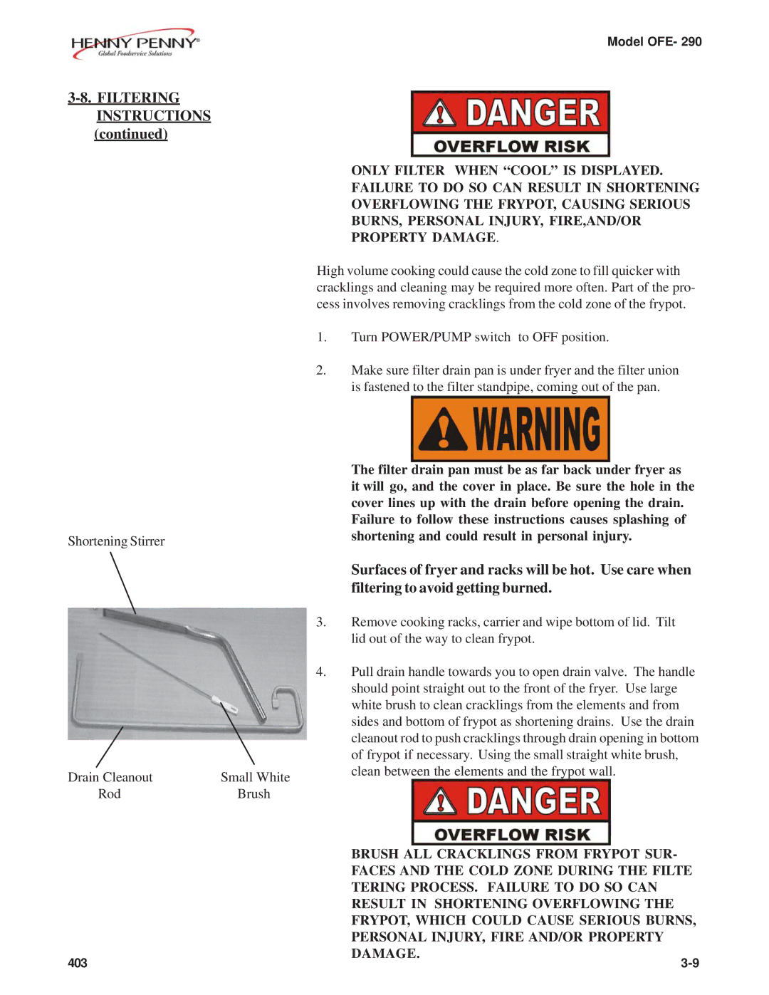 Henny Penny OFE- 290 manual Filtering Instructions 