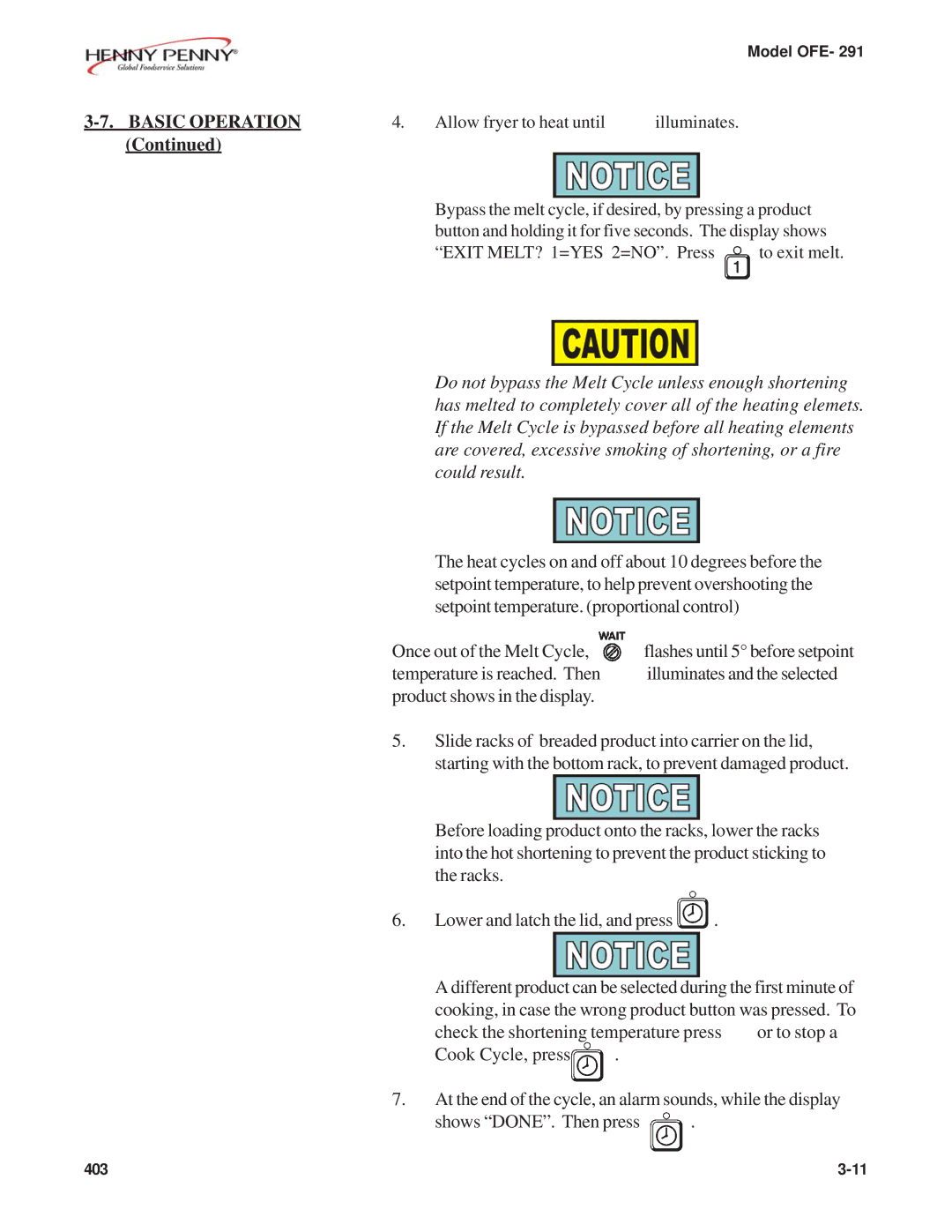 Henny Penny OFE- 291 manual Allow fryer to heat until Illuminates 