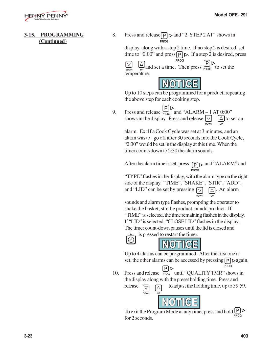 Henny Penny OFE- 291 manual Programming 