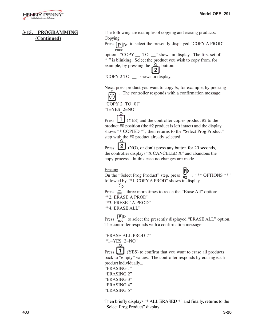 Henny Penny OFE- 291 manual Erase a Prod Preset a Prod Erase ALL 