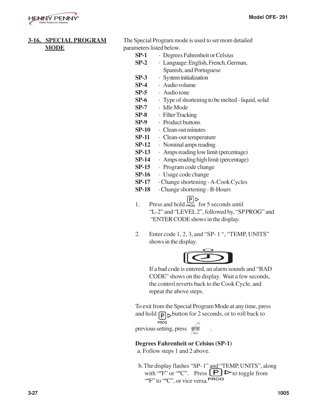 Henny Penny OFE- 291 manual Special Program, Mode 