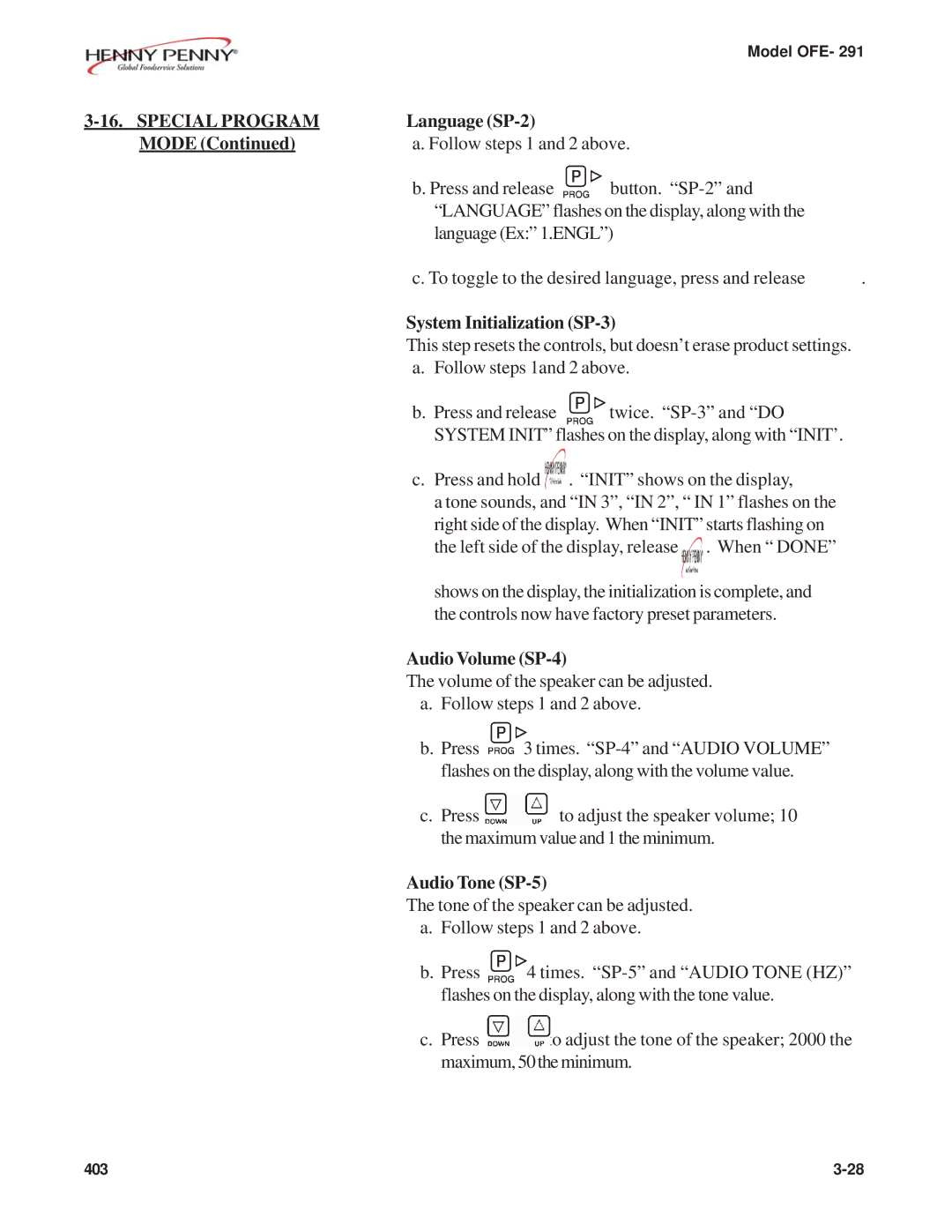 Henny Penny OFE- 291 manual Language SP-2 Mode, System Initialization SP-3, Audio Volume SP-4, Audio Tone SP-5 