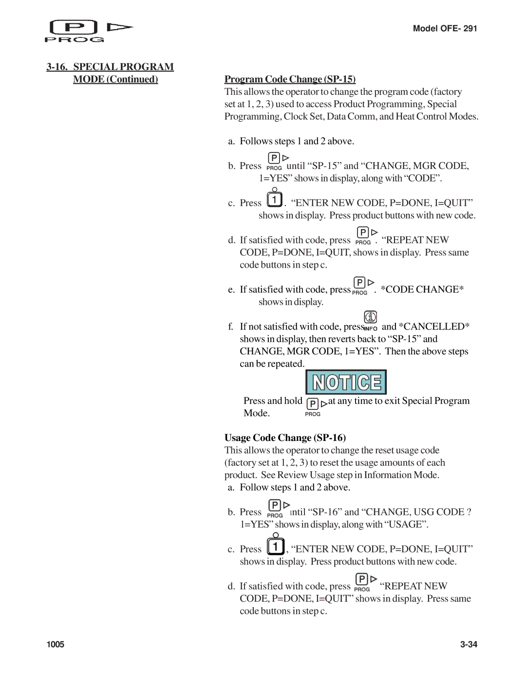 Henny Penny OFE- 291 manual Mode Program Code Change SP-15, Usage Code Change SP-16 