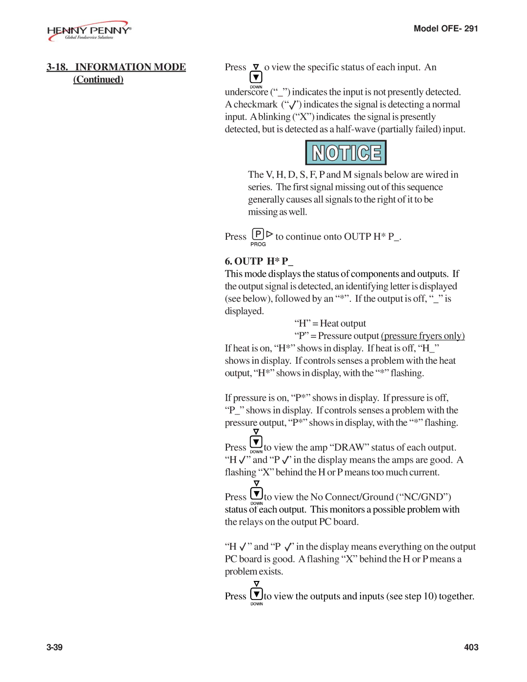 Henny Penny OFE- 291 manual Outp H* P 