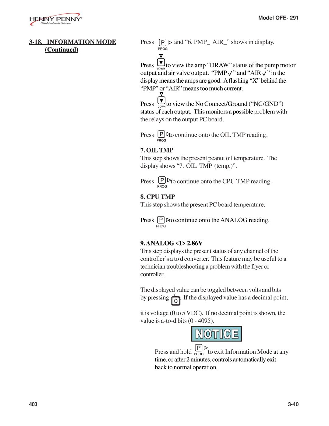 Henny Penny OFE- 291 manual Oil Tmp, Cpu Tmp, Analog 1 