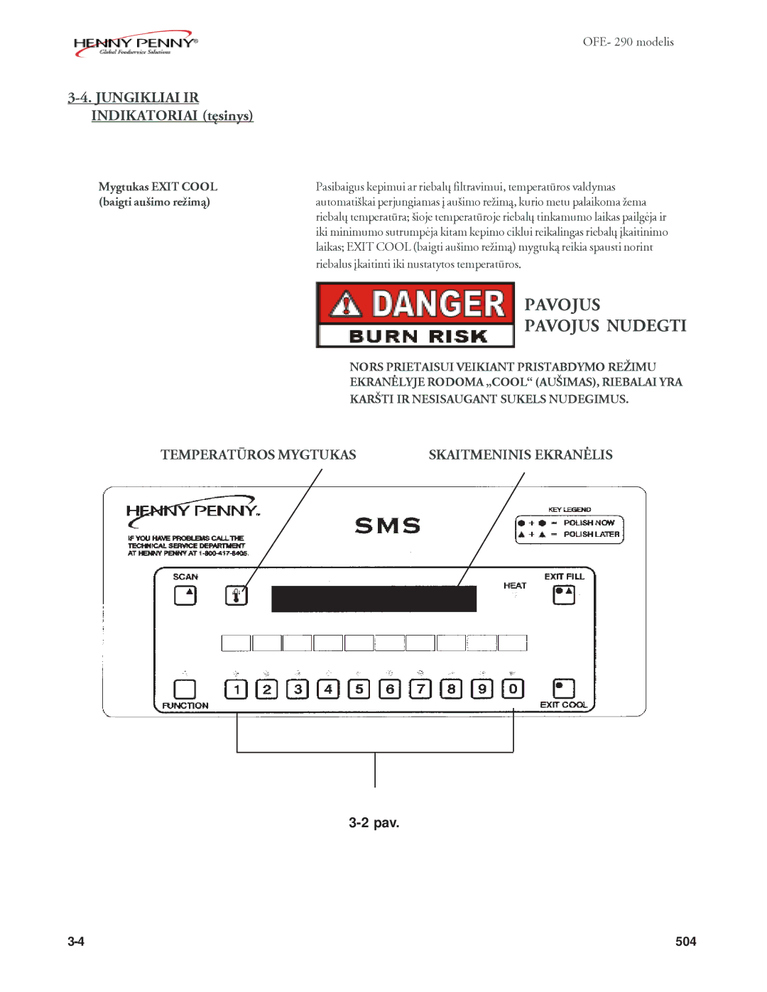 Henny Penny OFE-290, OFE-292 manual Pavojus Nudegti, Indikatoriai tæsinys, OFE- 290 modelis 
