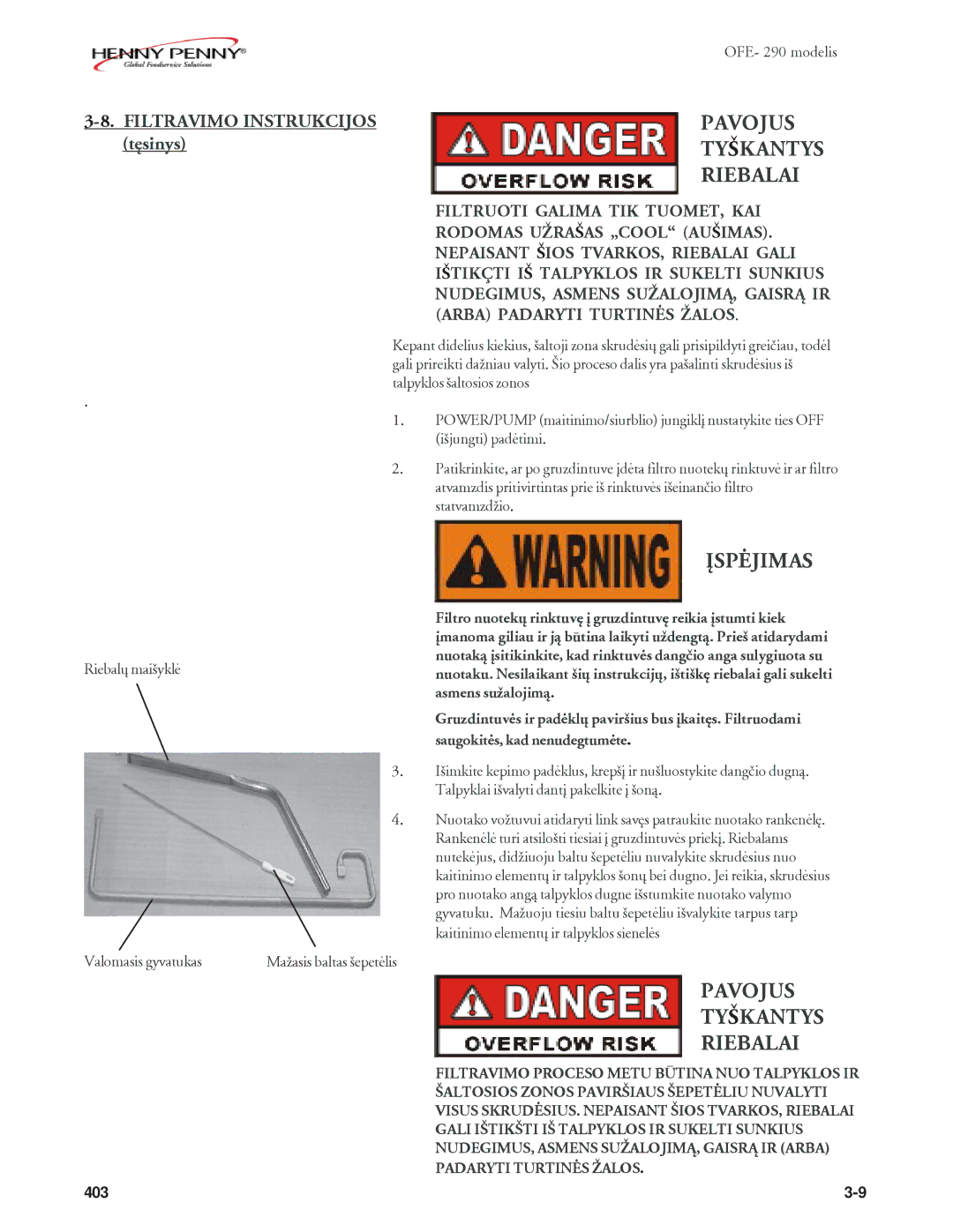 Henny Penny OFE-292, OFE-290 manual Pavojus Tyðkantys Riebalai, Filtravimo Instrukcijos tæsinys 