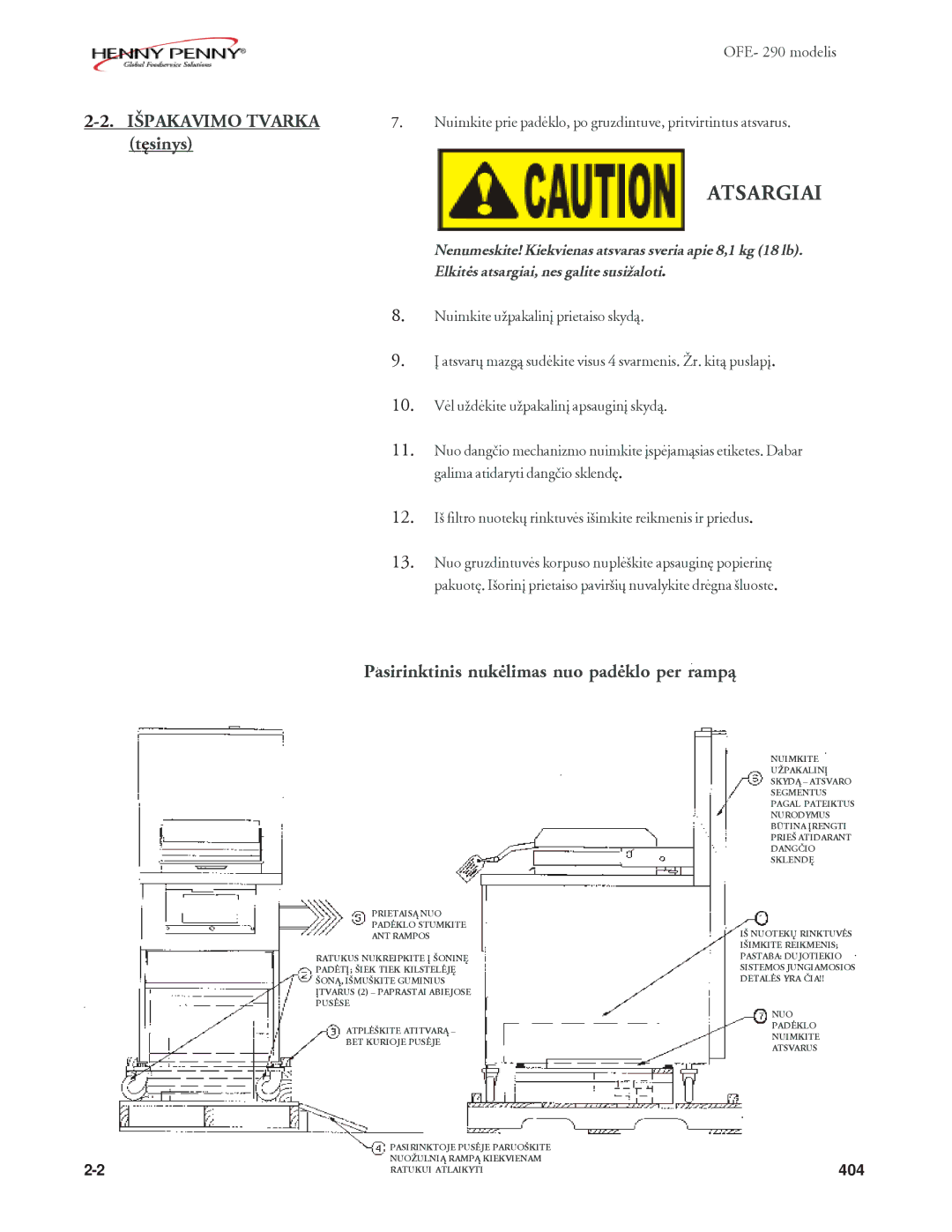 Henny Penny OFE-290, OFE-292 manual Atsargiai, Iðpakavimo Tvarka tæsinys, Pasirinktinis nukëlimas nuo padëklo per rampà 