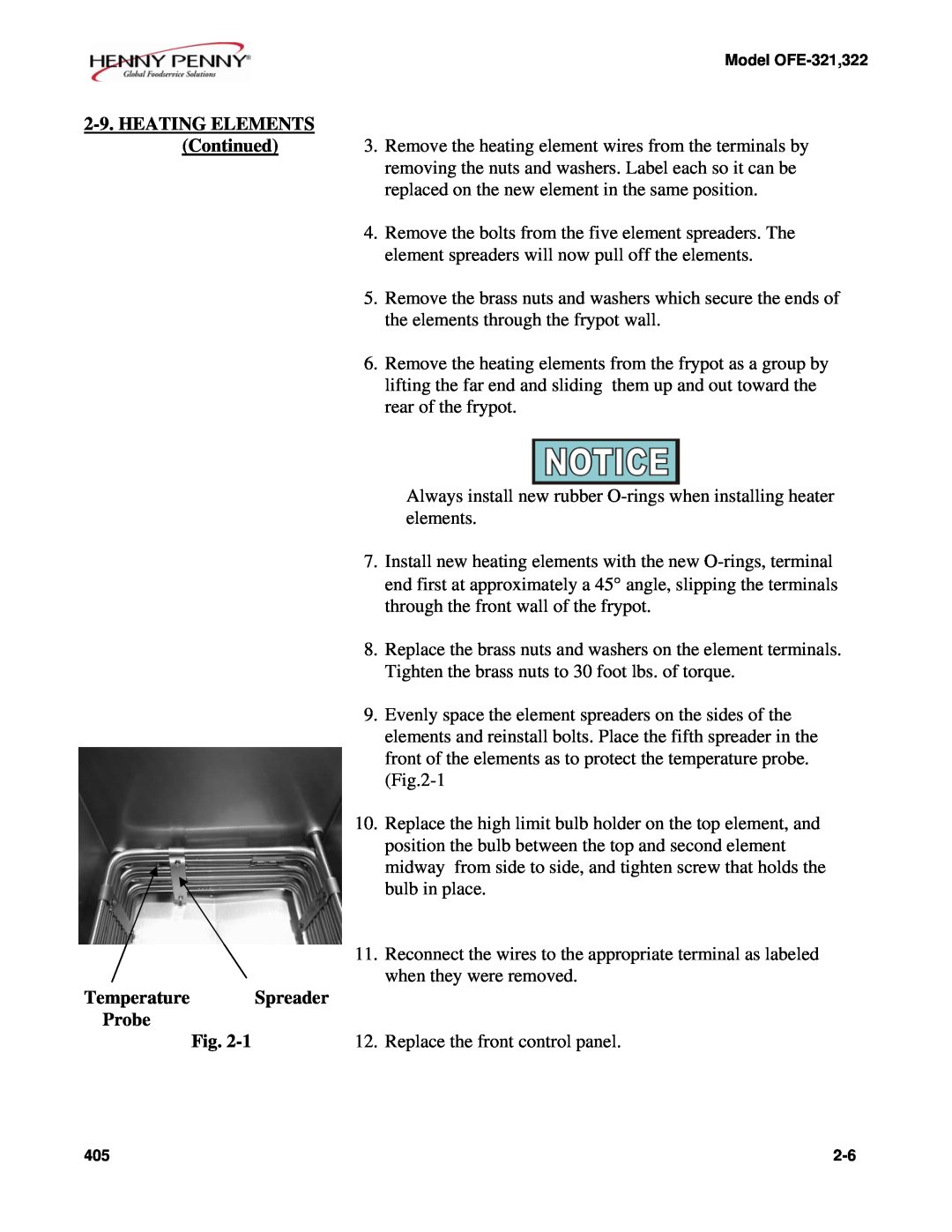 Henny Penny OFE-321 manual Temperature Spreader Probe, Heating Elements 