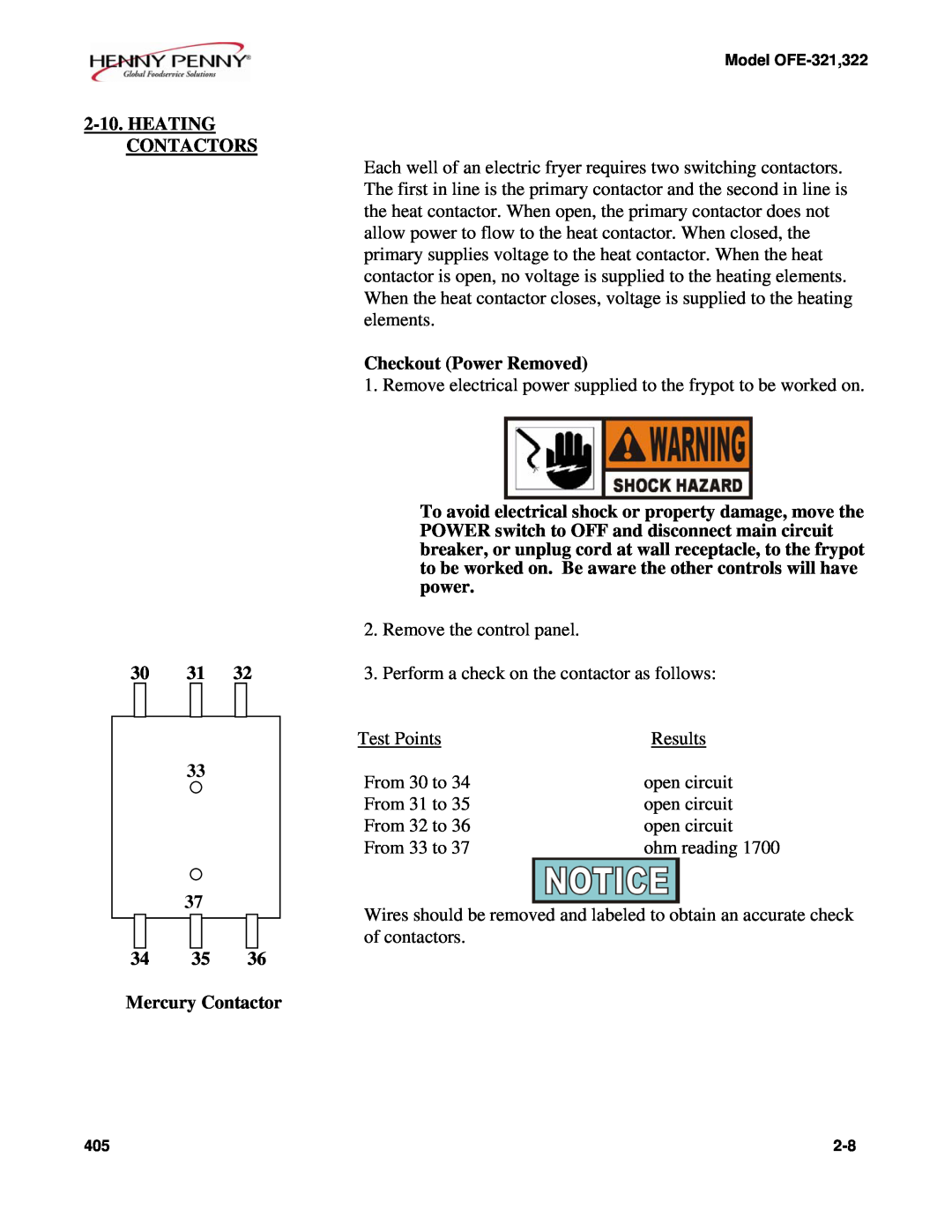 Henny Penny OFE-321 manual HEATING CONTACTORS 3031 33, Mercury Contactor, Checkout Power Removed 