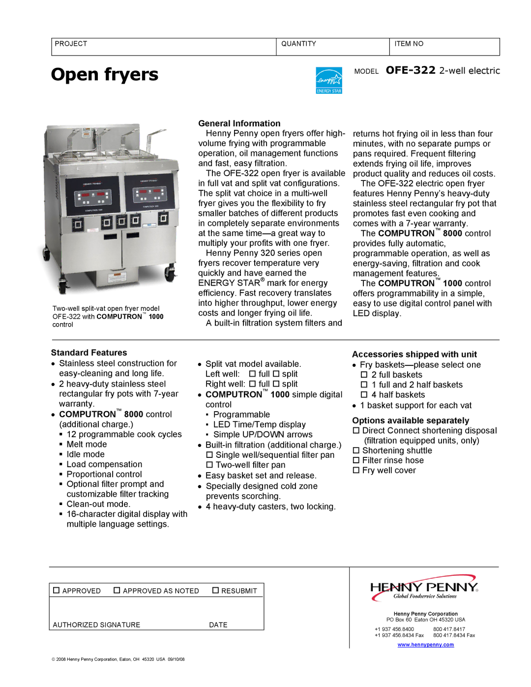 Henny Penny OFE-322 warranty General Information, Computron 8000 control additional charge, Accessories shipped with unit 