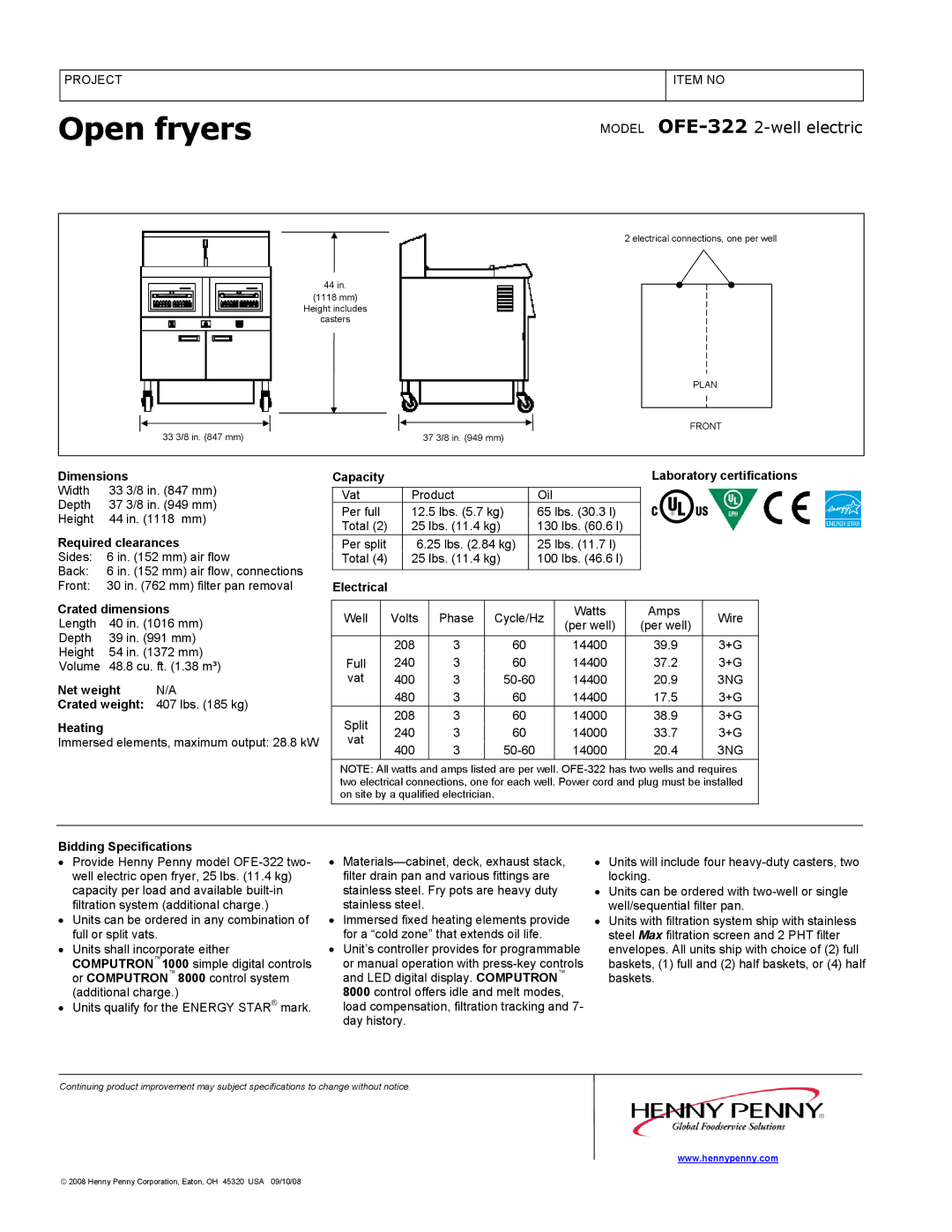 Henny Penny OFE-322 Dimensions Capacity Laboratory certifications, Required clearances, Electrical Crated dimensions 