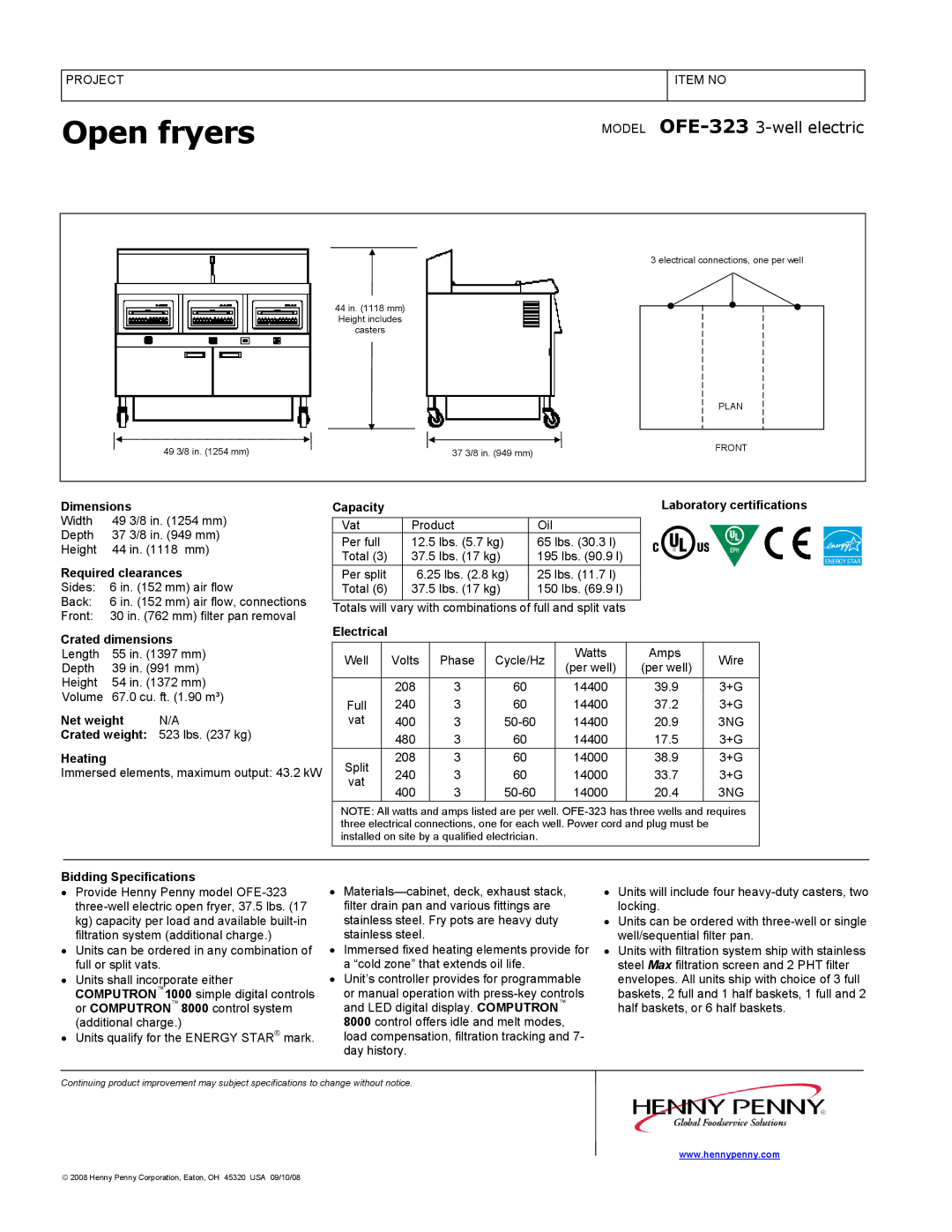 Henny Penny OFE-323 Dimensions Capacity, Required clearances, Electrical Crated dimensions, Net weight, Crated weight 