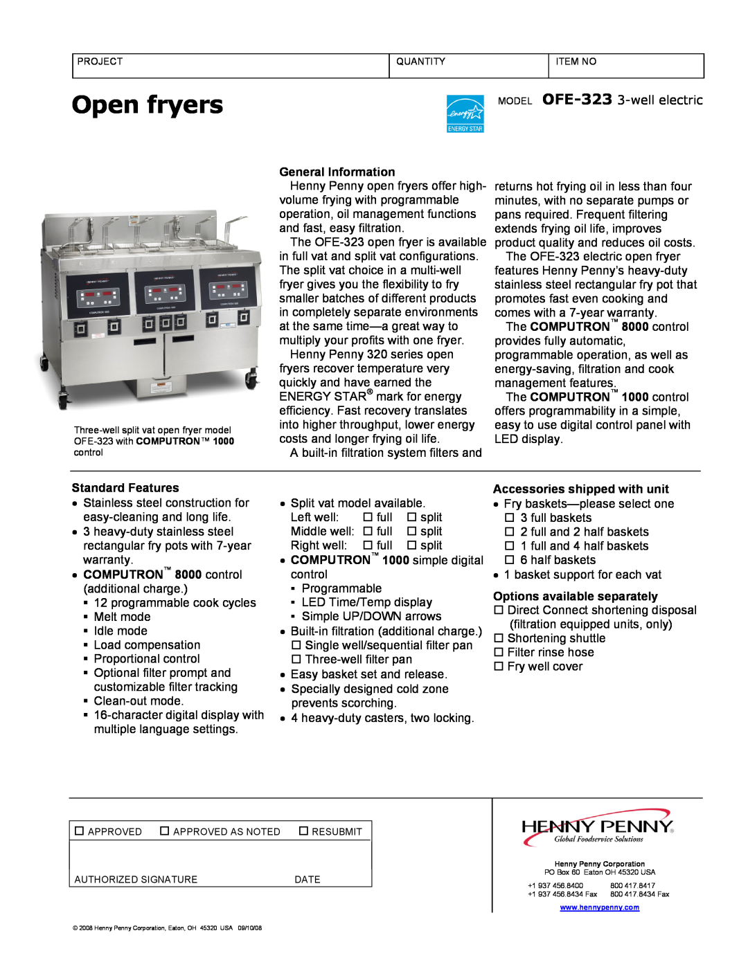 Henny Penny OFE-323 warranty Open fryers, General Information, Standard Features, COMPUTRON 8000 control additional charge 
