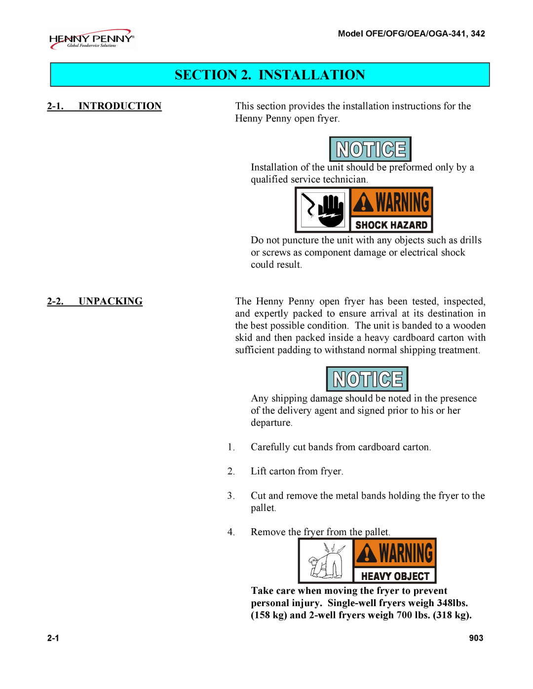 Henny Penny OFE-341 installation instructions Introduction, Unpacking 