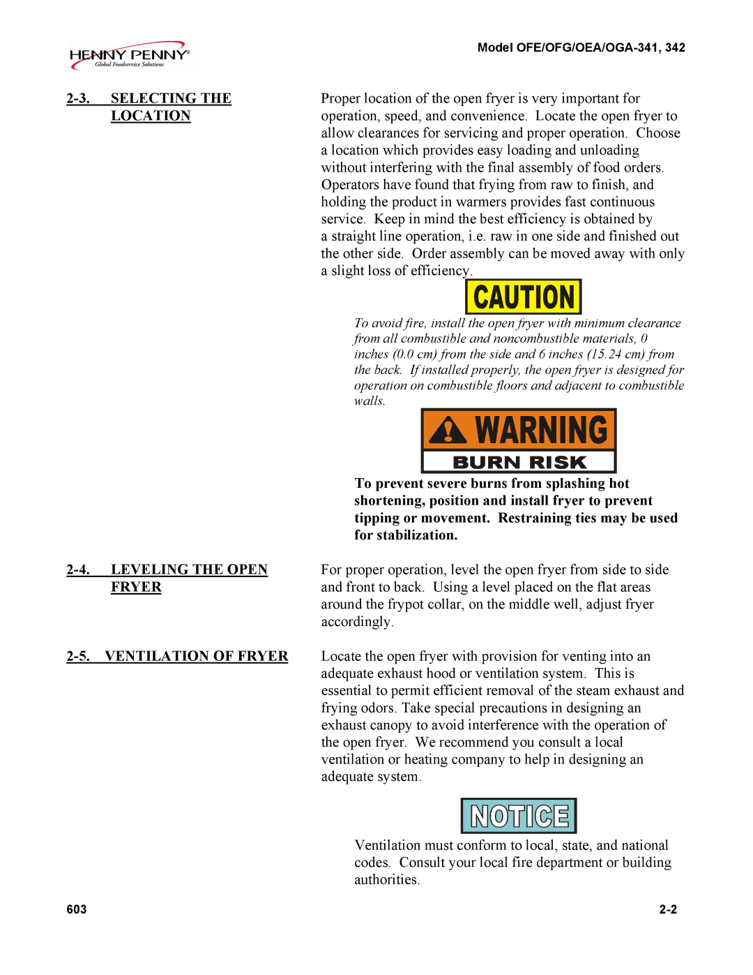 Henny Penny OFE-341 installation instructions Selecting, Location, Leveling the Open, Ventilation of Fryer 