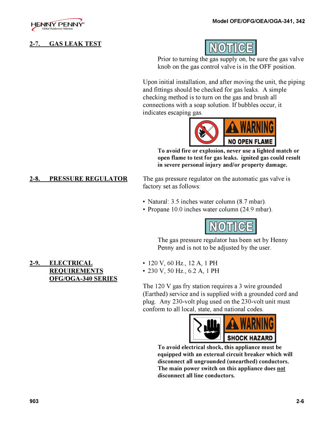 Henny Penny OFE-341 installation instructions GAS Leak Test, Electrical, Requirements, OFG/OGA-340 Series 