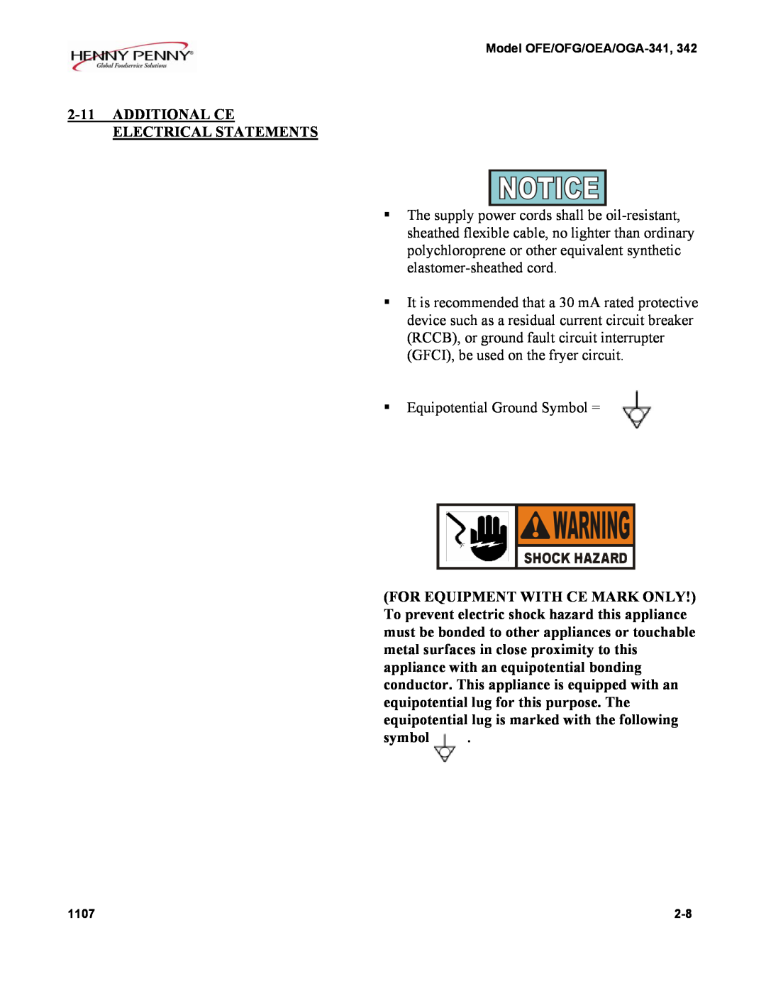 Henny Penny OFE-341 installation instructions Additional Ce Electrical Statements, symbol 