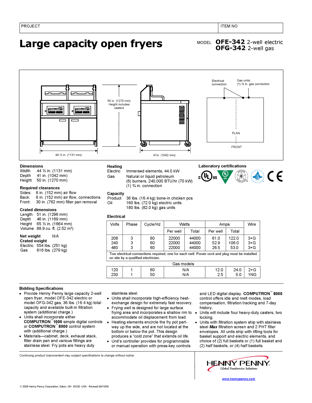 Henny Penny OFE-342 Dimensions, Required clearances, Crated dimensions, Net weight Crated weight, Capacity, Electrical 