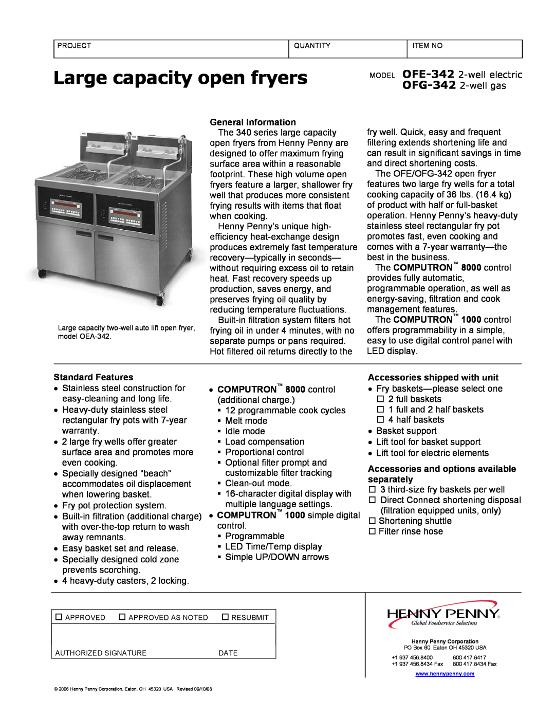Henny Penny OFG-342, OFE-342 warranty Large capacity open fryers, General Information, Standard Features 