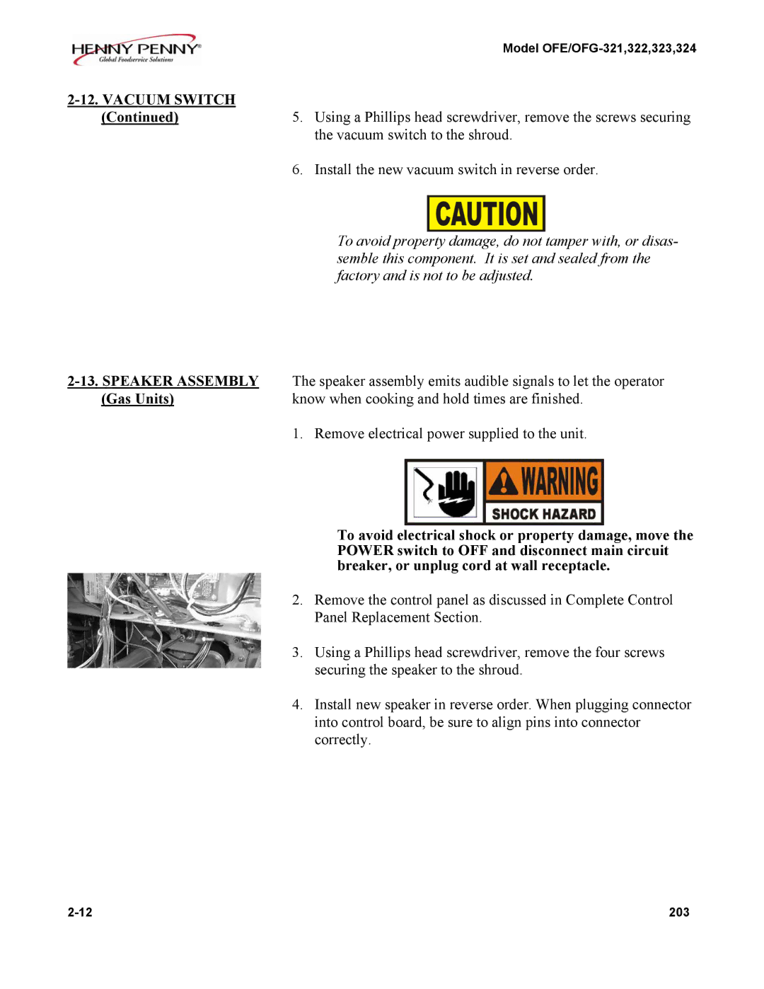 Henny Penny OFE/OFG-324 manual Vacuum Switch, Speaker Assembly, Speaker assembly emits audible signals to let the operator 