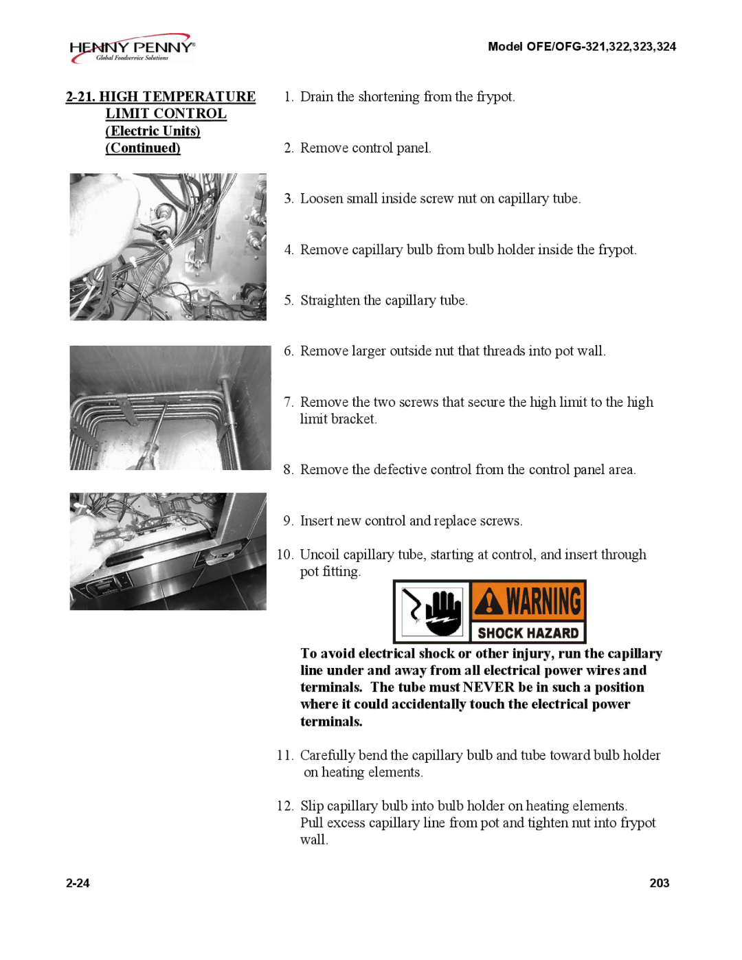 Henny Penny OFE/OFG-324, OFE/OFG-322 manual Electric Units, Line under and away from all electrical power wires, Terminals 