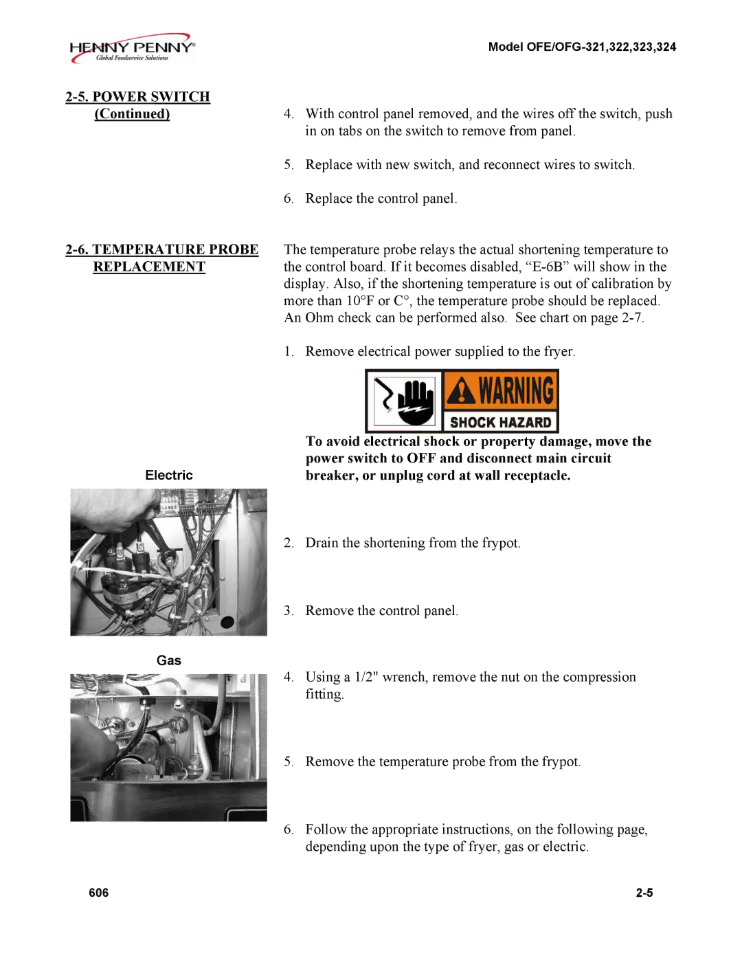 Henny Penny OFE/OFG-322, OFE/OFG-324, OFE/OFG-321 manual Power Switch, To avoid electrical shock or property damage, move 