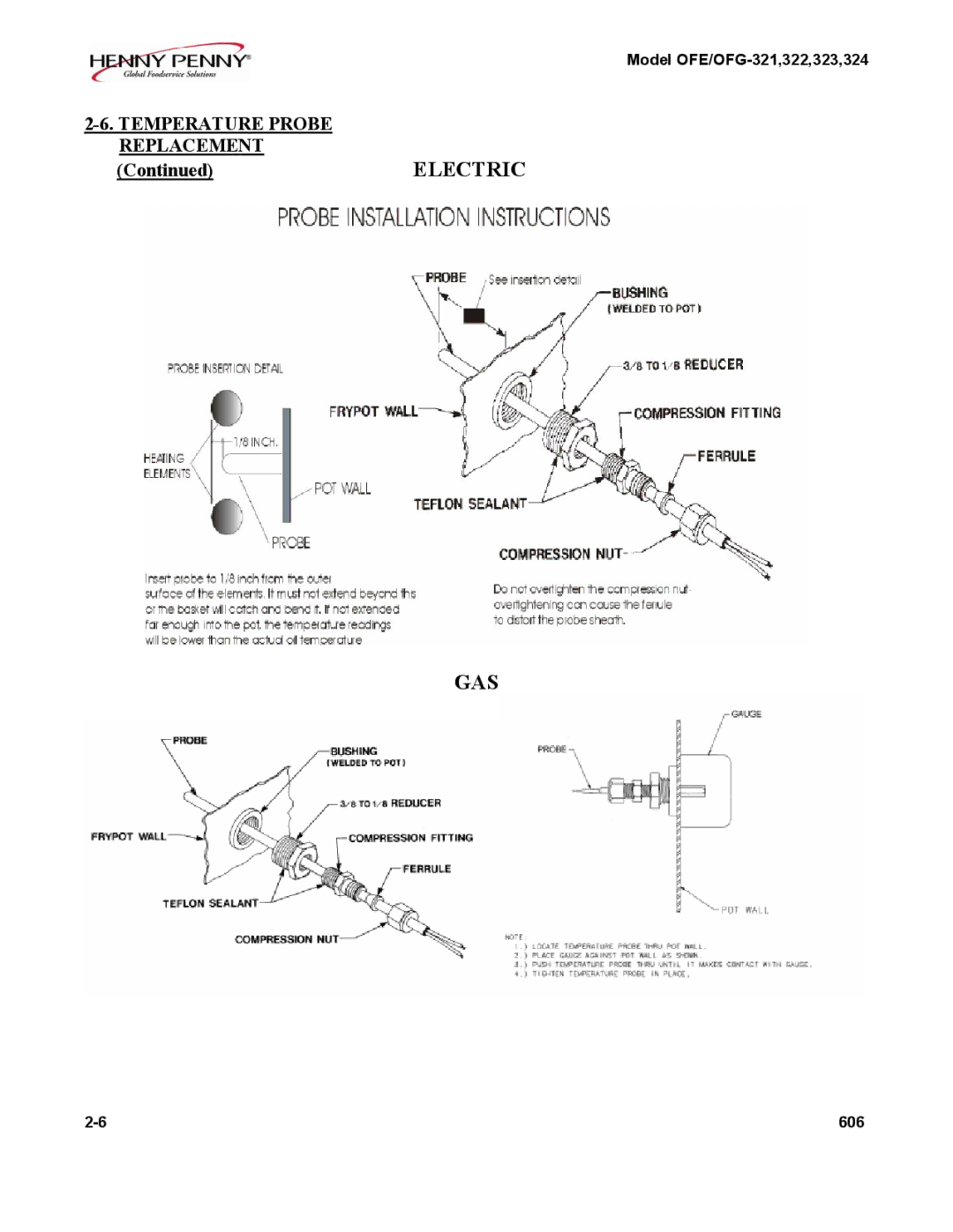 Henny Penny OFE/OFG-321, OFE/OFG-324, OFE/OFG-322, OFE/OFG-323 manual Temperature Probe Replacement, Electric 