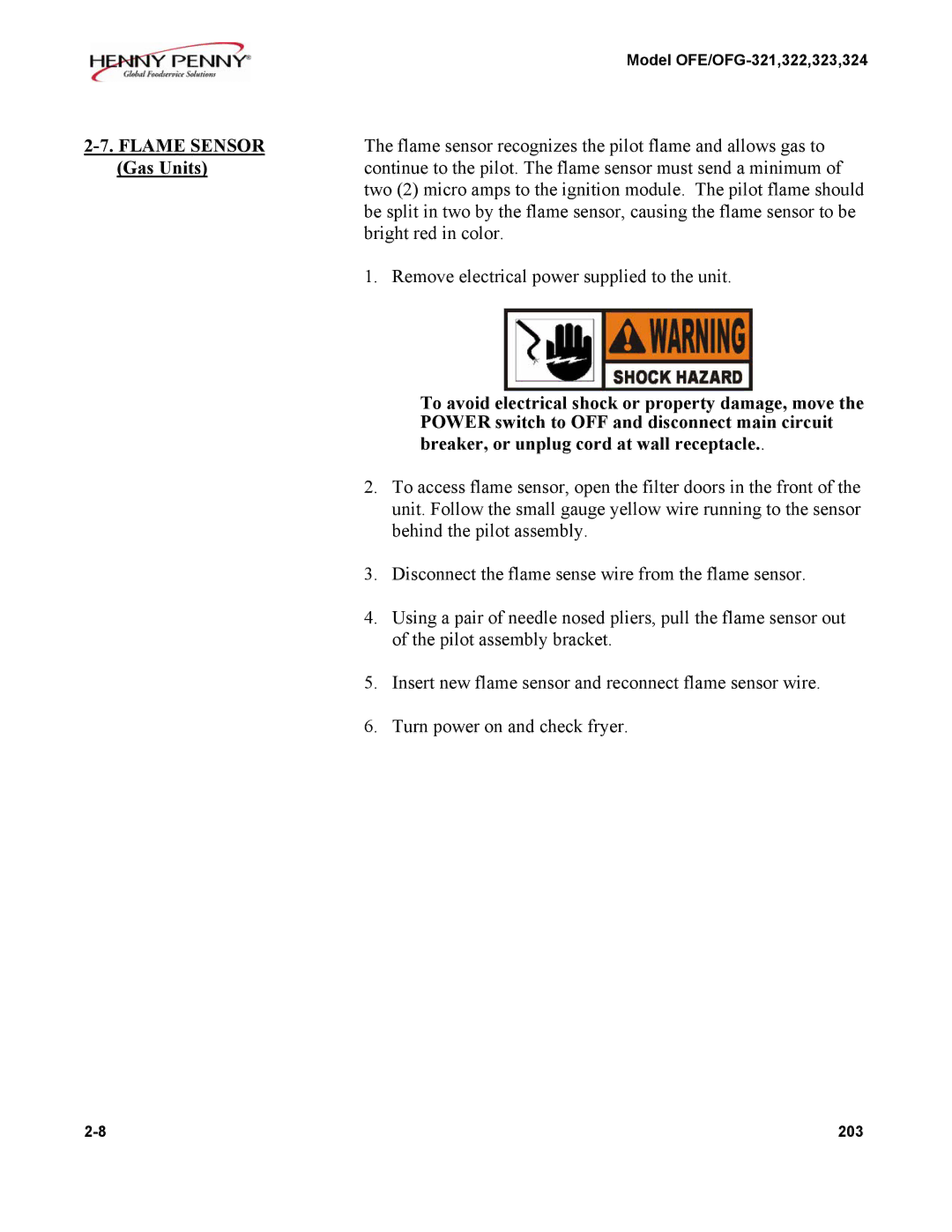 Henny Penny OFE/OFG-324, OFE/OFG-322, OFE/OFG-321, OFE/OFG-323 manual Flame Sensor, Gas Units 