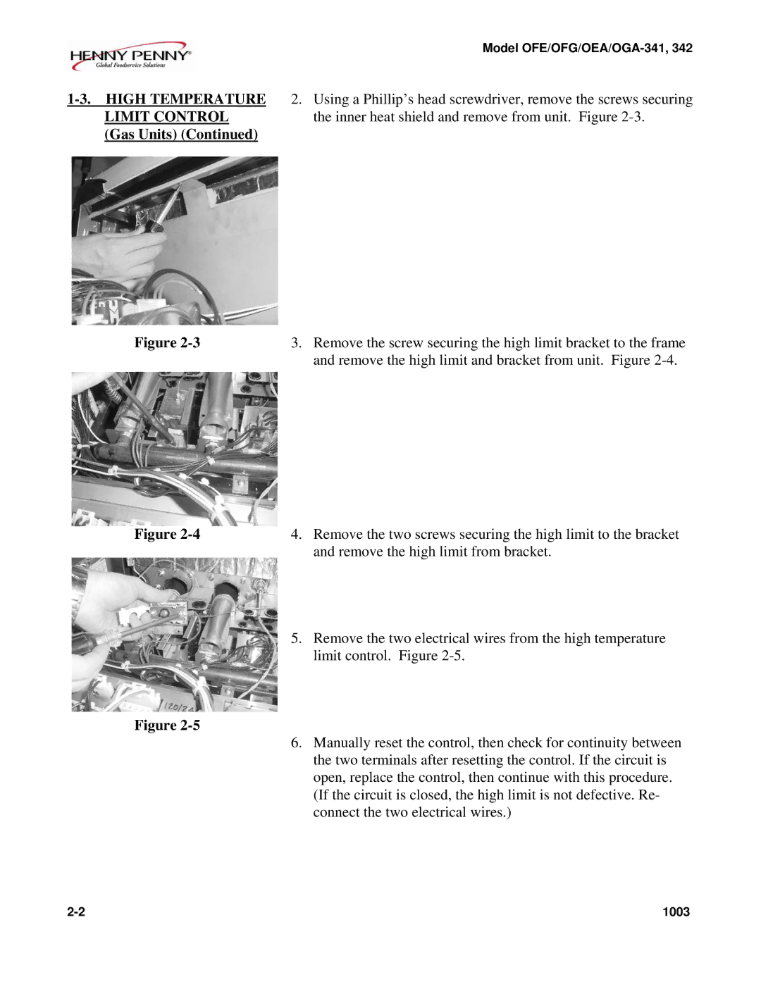 Henny Penny OFE/OFG-342 Remove the two screws securing the high limit to the bracket, Remove the high limit from bracket 