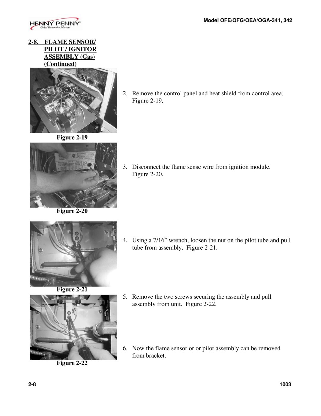 Henny Penny OEA/OGA-342, OFE/OFG-342, OFE/OFG-341, OEA/OGA-341 technical manual Flame SENSOR/ Pilot / Ignitor Assembly Gas 