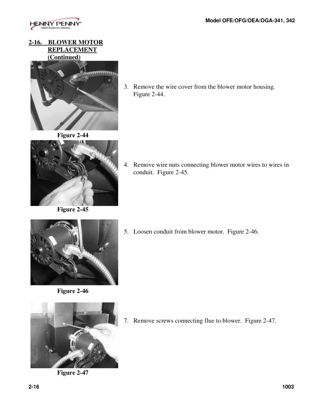 Henny Penny OEA/OGA-342, OFE/OFG-342, OFE/OFG-341, OEA/OGA-341 technical manual Blower Motor Replacement 