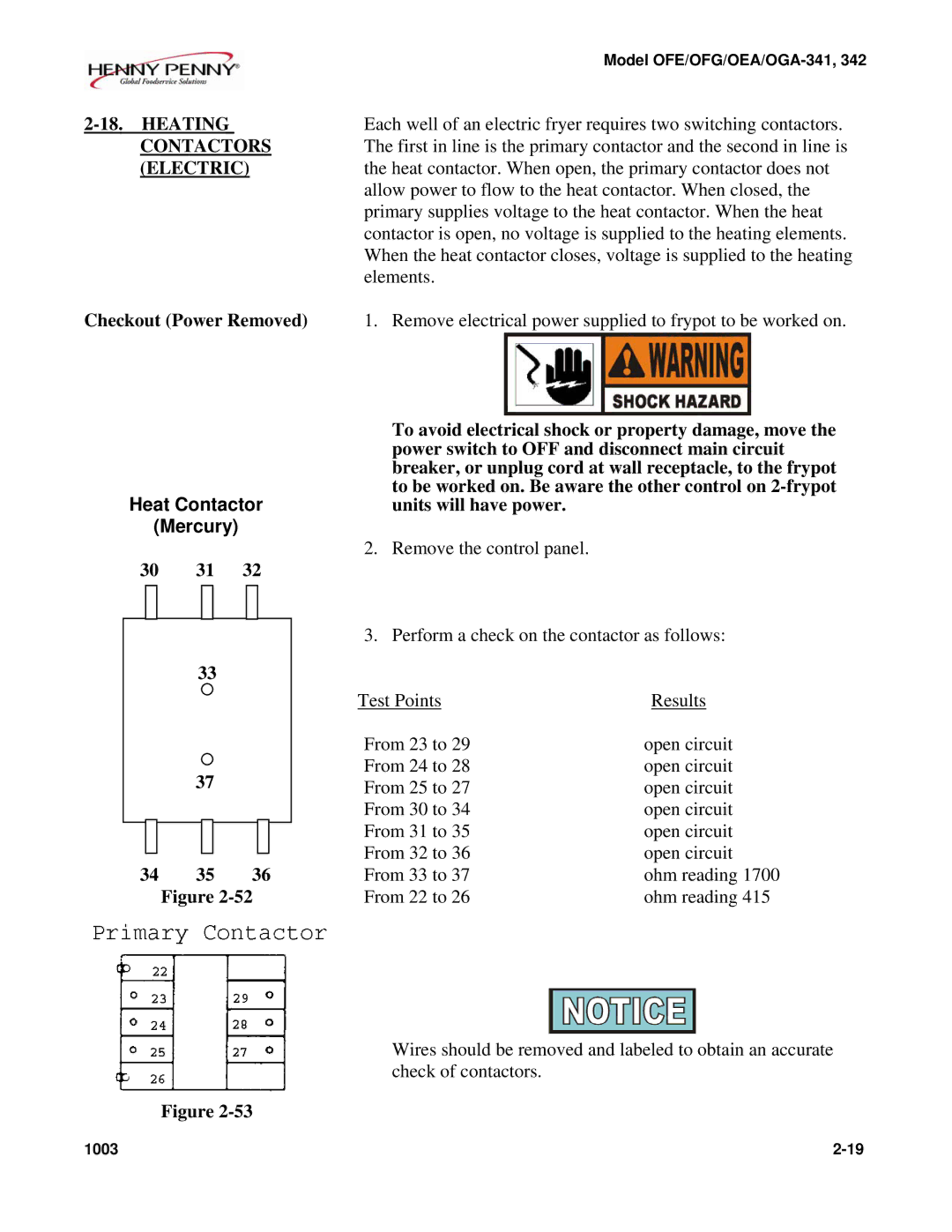 Henny Penny OFE/OFG-341, OFE/OFG-342, OEA/OGA-342 Heating, Contactors, Checkout Power Removed, 30 31 34 35 36 Figure 