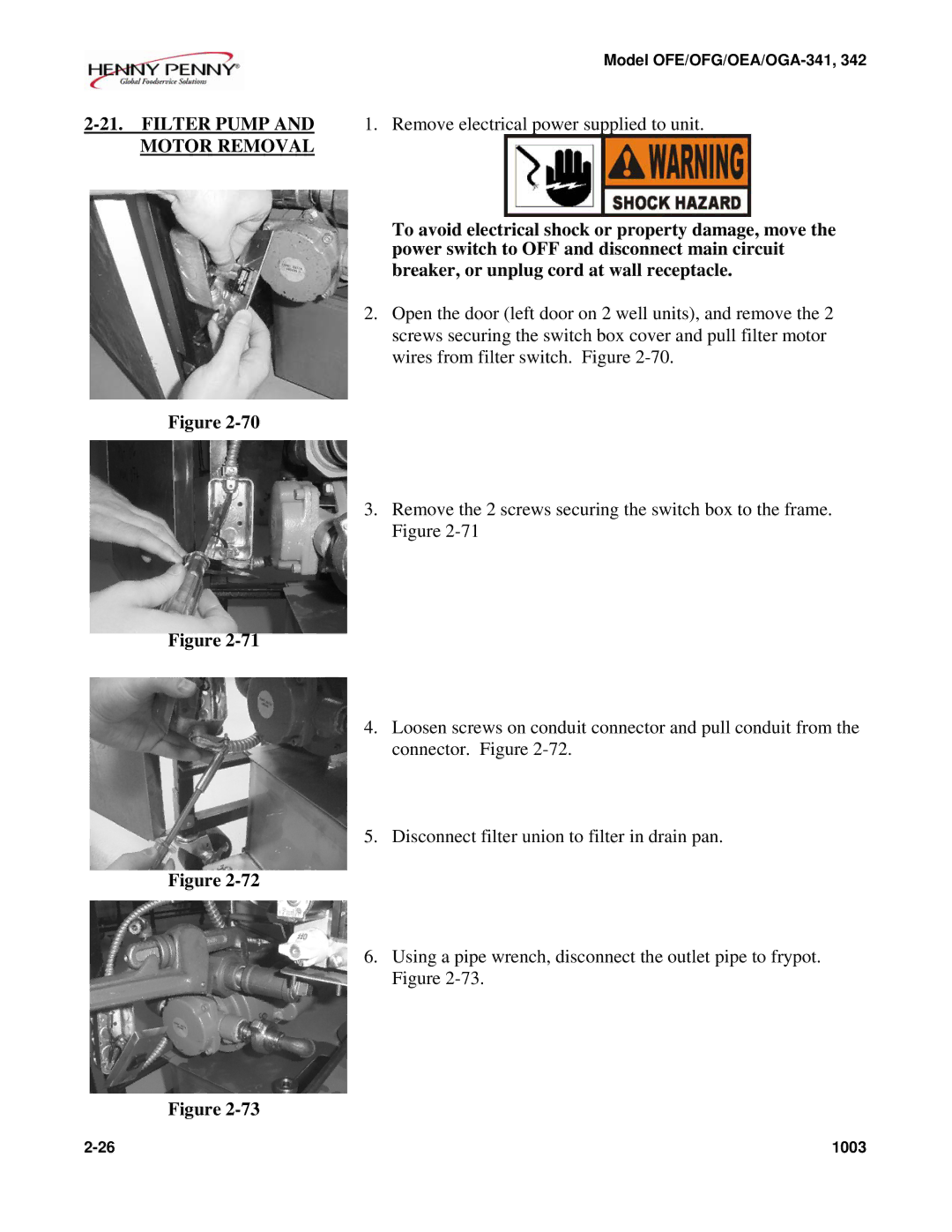 Henny Penny OFE/OFG-342, OFE/OFG-341, OEA/OGA-342, OEA/OGA-341 technical manual Motor Removal 