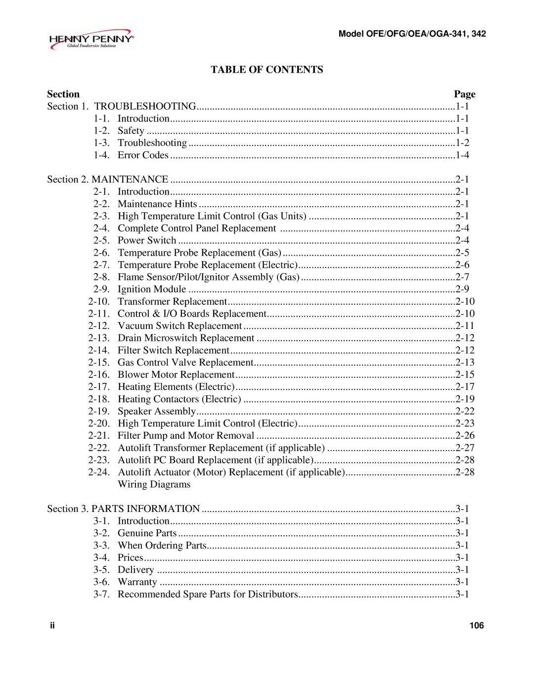 Henny Penny OFE/OFG-342, OFE/OFG-341, OEA/OGA-342, OEA/OGA-341 technical manual Table of Contents 