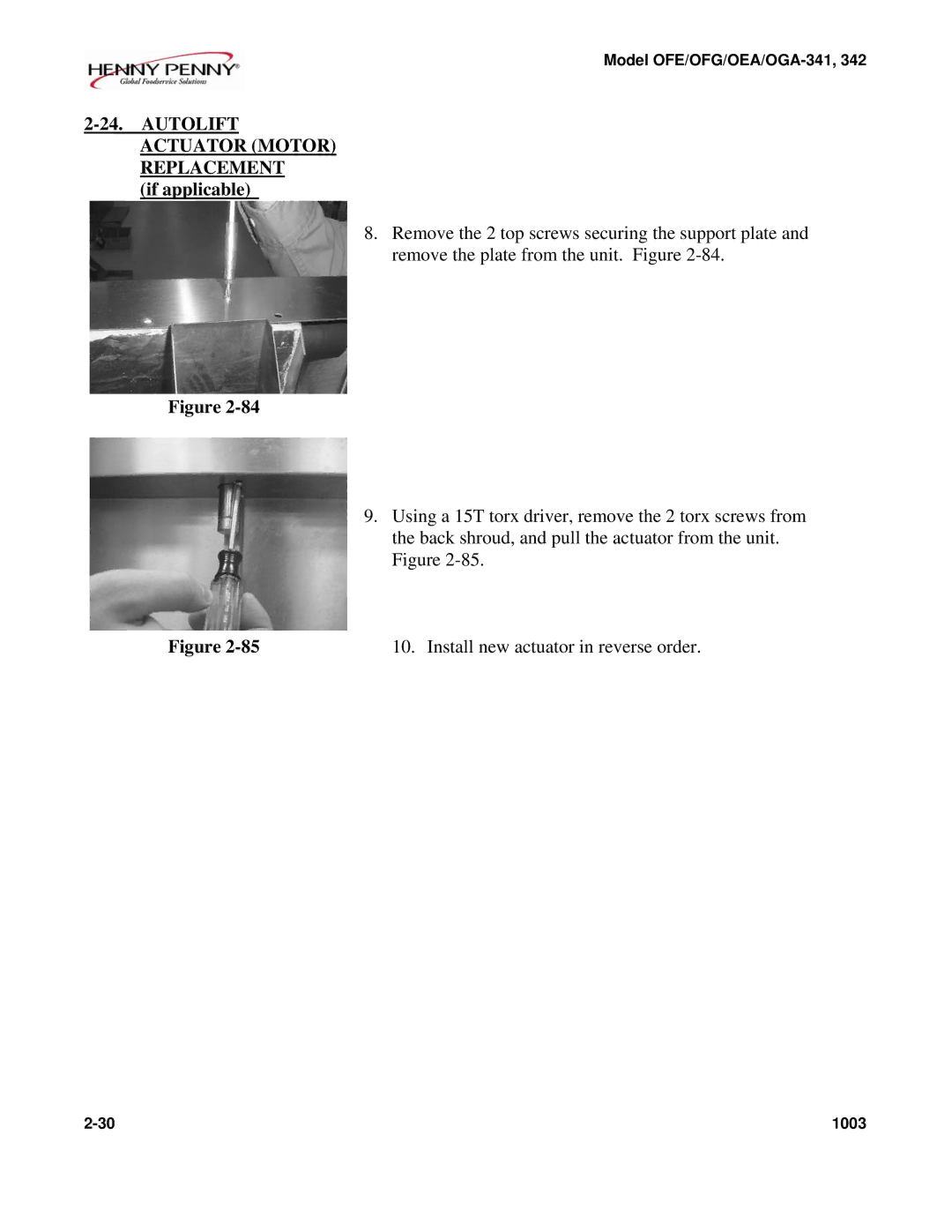 Henny Penny OFE/OFG-342, OFE/OFG-341, OEA/OGA-342, OEA/OGA-341 technical manual Install new actuator in reverse order 