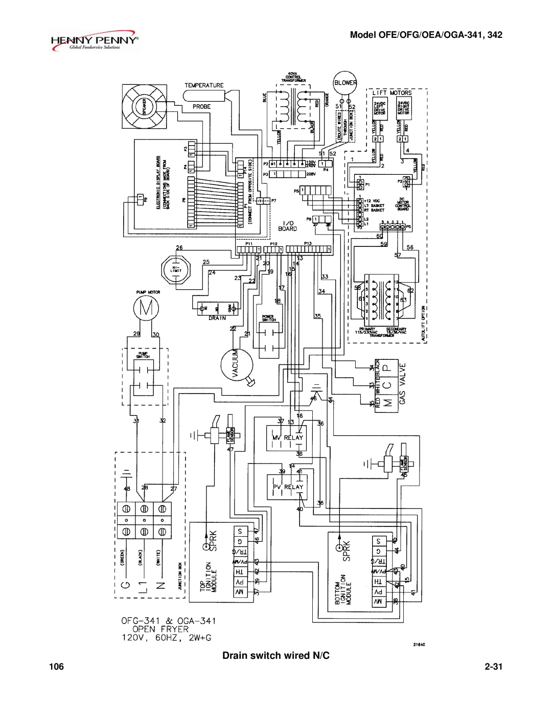 Henny Penny OFE/OFG-341, OFE/OFG-342, OEA/OGA-342, OEA/OGA-341 technical manual Drain switch wired N/C 