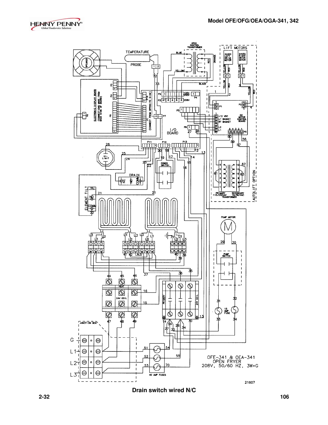 Henny Penny OEA/OGA-342, OFE/OFG-342, OFE/OFG-341, OEA/OGA-341 technical manual Drain switch wired N/C 