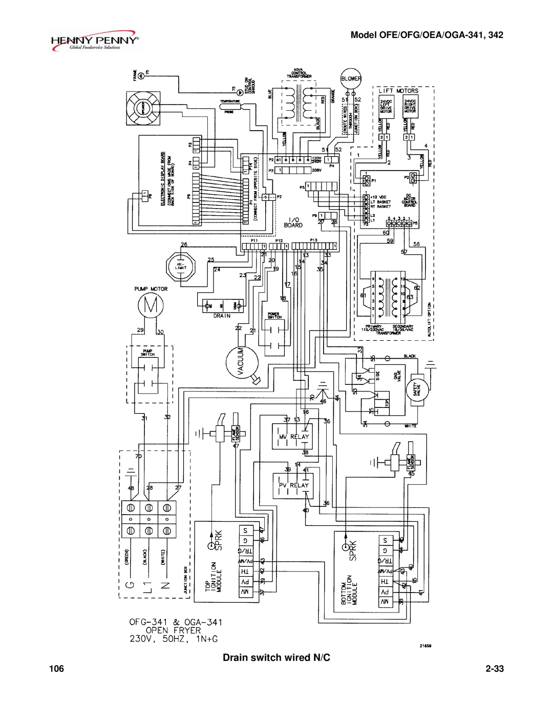 Henny Penny OEA/OGA-341, OFE/OFG-342, OFE/OFG-341, OEA/OGA-342 technical manual Drain switch wired N/C 