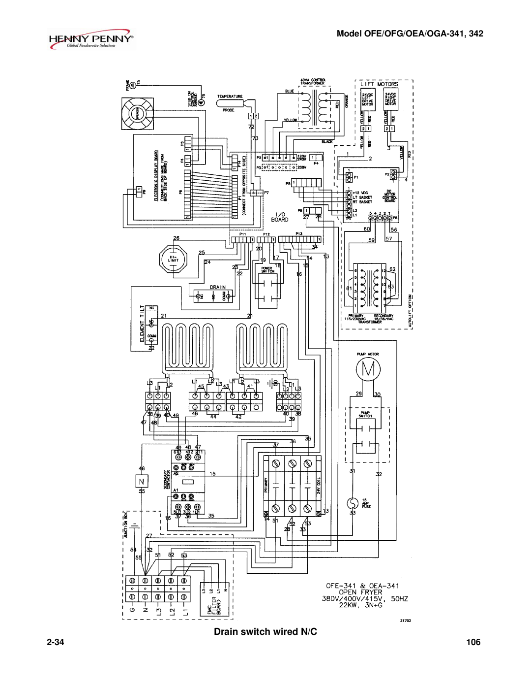 Henny Penny OFE/OFG-342, OFE/OFG-341, OEA/OGA-342, OEA/OGA-341 technical manual Drain switch wired N/C 