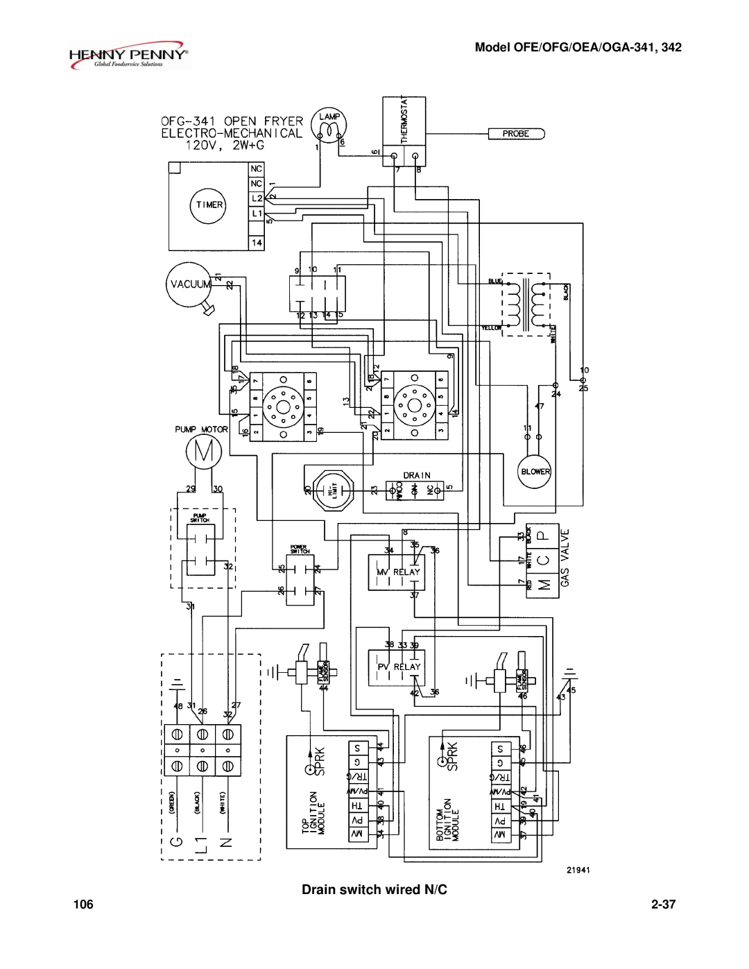 Henny Penny OEA/OGA-341, OFE/OFG-342, OFE/OFG-341, OEA/OGA-342 technical manual Drain switch wired N/C 