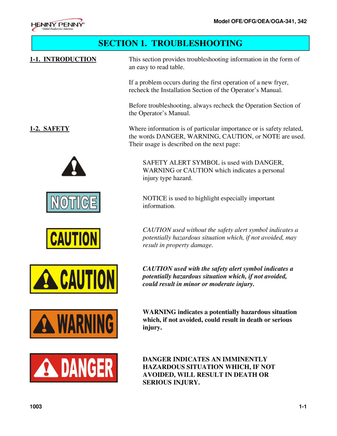 Henny Penny OFE/OFG-341, OFE/OFG-342 Introduction, Safety, Which, if not avoided, could result in death or serious, Injury 